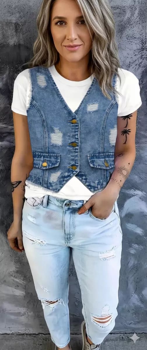 BLUSA DE CHALECHO MEZCLILLA DESGARRADO TIPO JEAN TALLA M