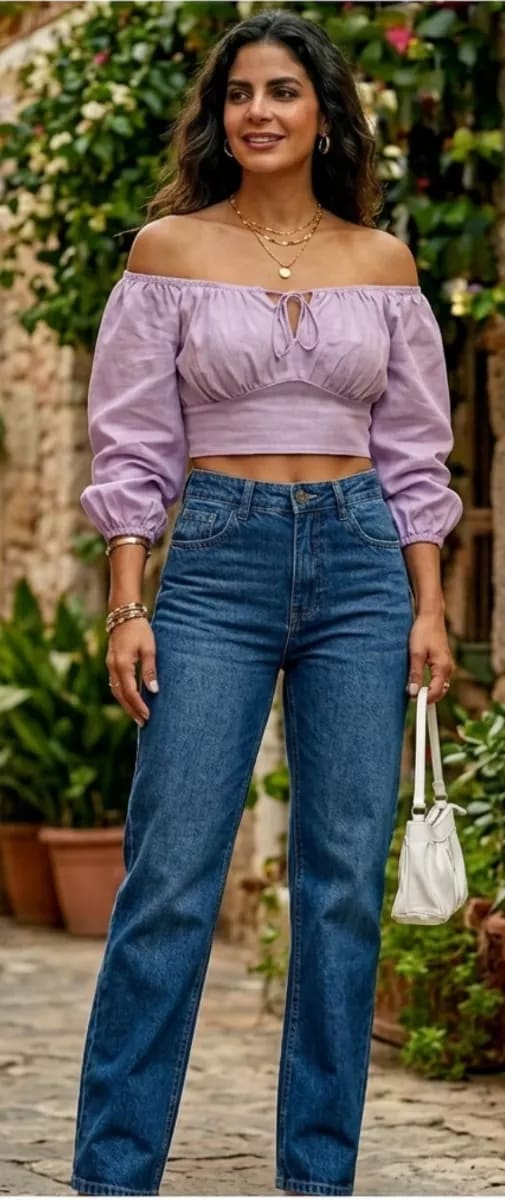 BLUSA LILA MANGA LARGA CON HOMBROS DESCUBIERTOS PARA JOVENCITAS