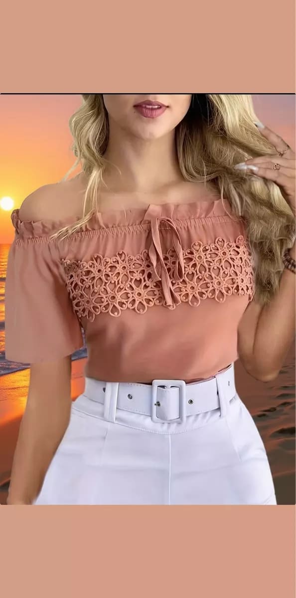 BLUSA DE ENCAJE CON HOMBROS DESCUBIERTOS MELON TALLA M